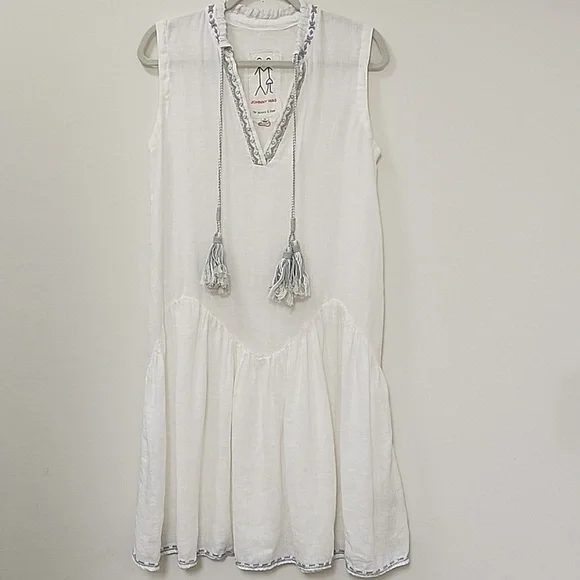 Jonny Was Pete & Greta White 100% Linen Chunky Tassel Boho Drop Waist Dress XS - Picture 16 of 16